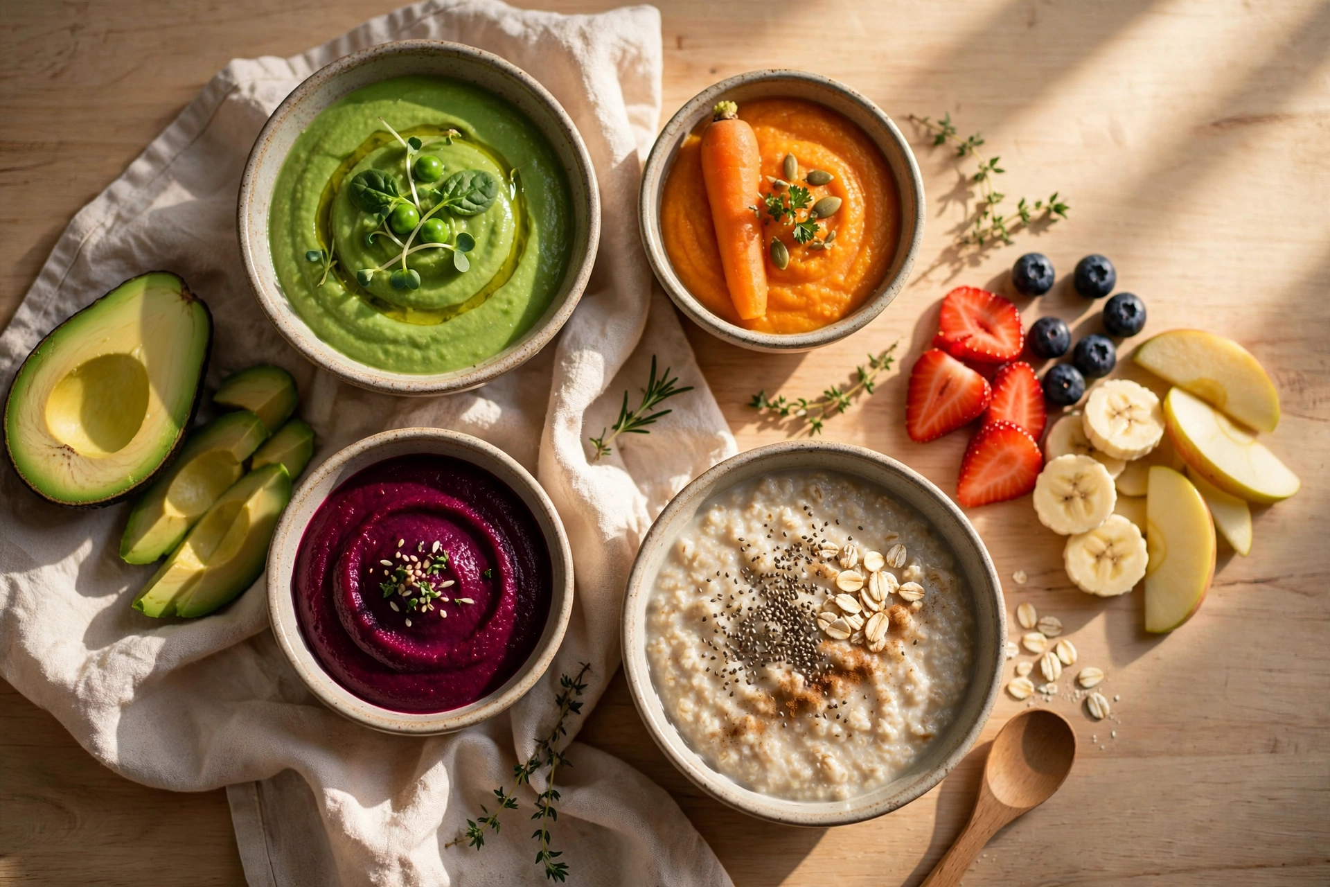 Colorful homemade baby food in small bowls