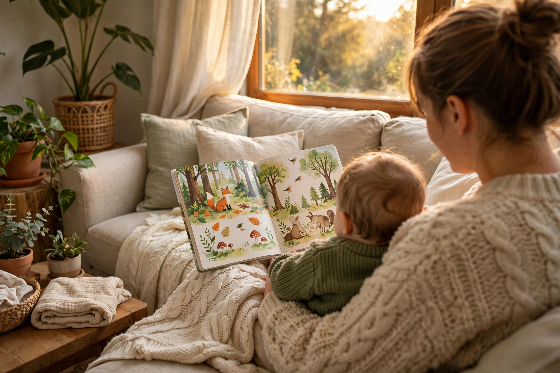 A parent reading to a baby in warm afternoon light